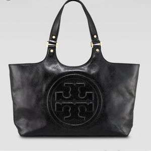 Tory Burch Bombe glazed black leather tote